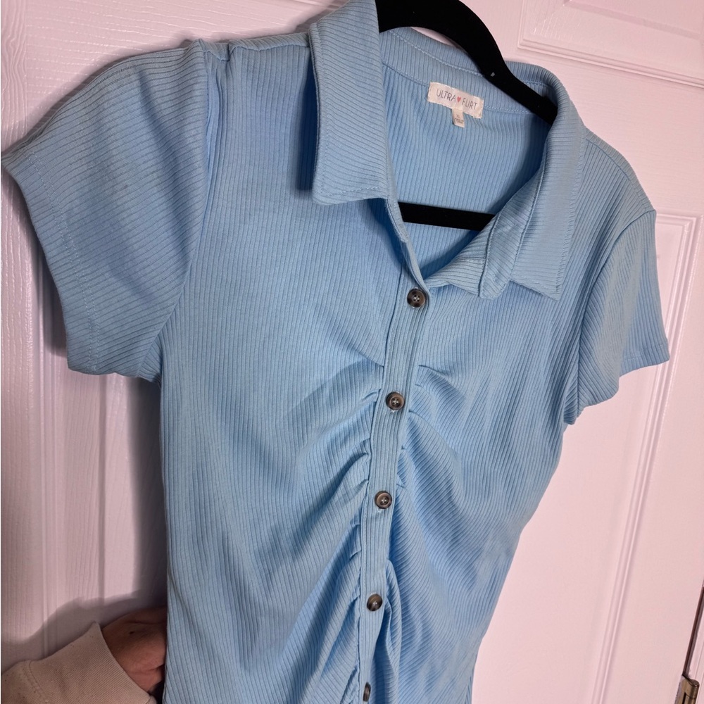 Light Blue Ribbed Button-Front Dress - Picture 3 of 5
